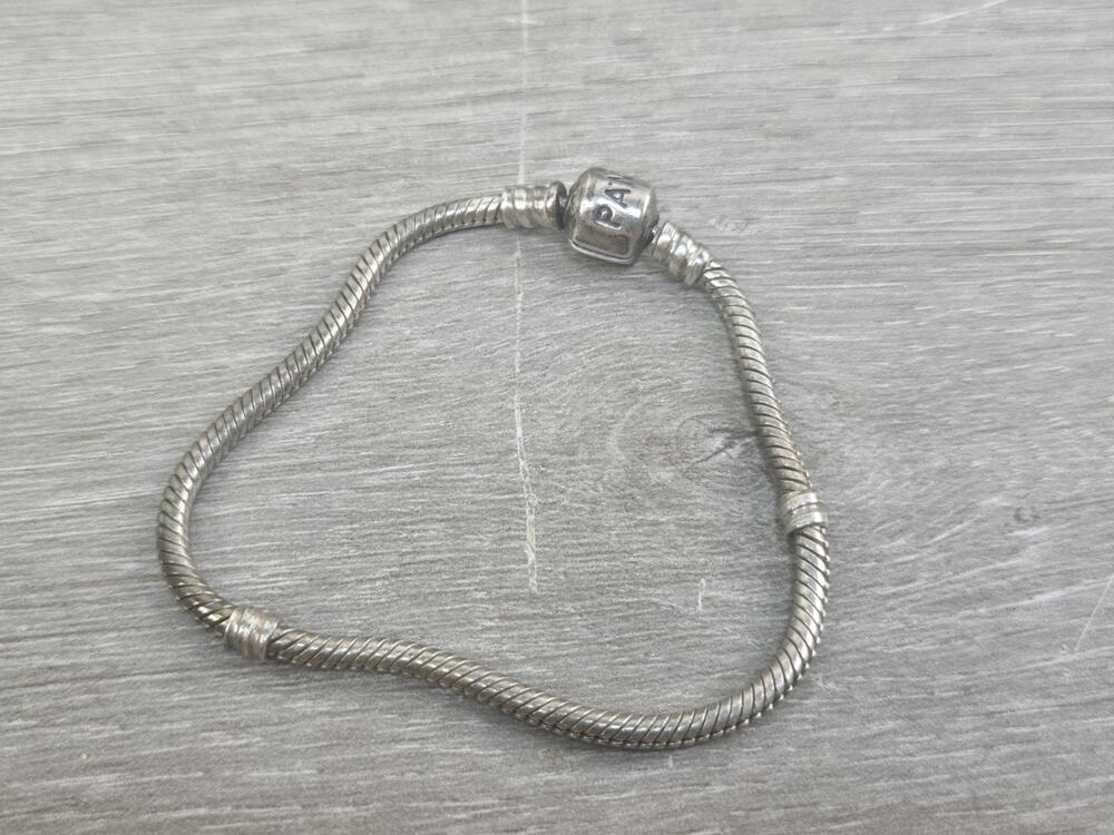 PANDORA Silver Snake Chain Charm Bracelet Barrel Clasp 6.5 Inch